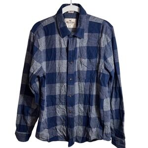 Hollister Classic Plaid Flannel Shirt Long Sleeve Blue Grey Men's Medium Stretch